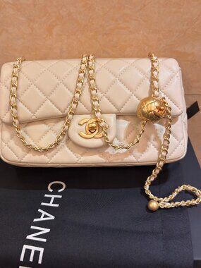 Chanel White Quilted Lambskin Flap Bag with Adjustable Gold Ball Chain